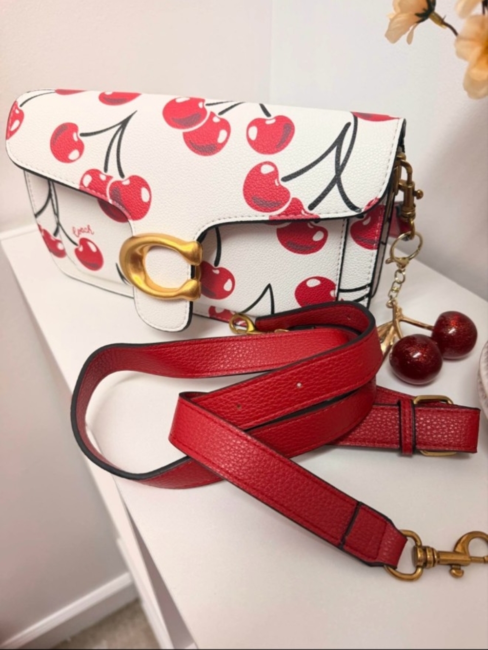 Coach White Leather Crossbody with Red Cherry Print and Red Strap